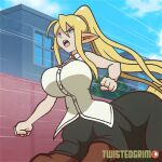  1girl animal_ears animated animated_gif artist_name blonde_hair blue_eyes blush bouncing_breasts breasts building centaur centorea_shianus horse_ears horse_tail huge_breasts long_hair long_ponytail mizu_wolf monster_girl monster_musume_no_iru_nichijou open_mouth outdoors running solo tail twistedgrim very_long_hair 