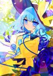  1girl artist_name black_headwear blue_eyes blue_flower blue_hair blue_rose bow bright_pupils commentary floral_background flower hat hat_bow heart heart_of_string hinasumire komeiji_koishi looking_at_viewer medium_hair rose shirt solo third_eye touhou upper_body white_pupils yellow_bow yellow_shirt 