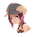  1girl choker cropped_torso earrings final_fantasy final_fantasy_xiv goggles goggles_around_neck hat jewelry kochiya_(gothope) lalafell looking_at_viewer pointy_ears purple_hair short_hair sleeveless solo upper_body violet_eyes white_background 