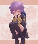  1girl 4boys bernadetta_von_varley boots carrying caspar_von_bergliez cravat ferdinand_von_aegir fire_emblem fire_emblem:_three_houses garreg_mach_monastery_uniform highres hood hubert_von_vestra linhardt_von_hevring multiple_boys purple_hair shorts shorts_under_skirt shoulder_carry sketchbook skirt soto tears thigh-highs thigh_boots violet_eyes 