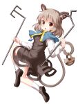 1girl animal_ears bangs basket blue_capelet brown_eyes capelet dowsing_rod dress eyebrows_visible_through_hair full_body grey_dress grey_footwear grey_hair highres holding jewelry long_sleeves looking_at_viewer mouse mouse_ears mouse_tail nazrin open_mouth pendant ruu_(tksymkw) short_hair simple_background tail touhou v-shaped_eyebrows white_background white_legwear white_sleeves 