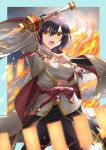  1girl arms_up bangs black_hair blurry breasts character_request copyright_request eyebrows_visible_through_hair fire hair_between_eyes highres holding holding_weapon kanaria_(kanari_as) looking_at_viewer open_mouth short_hair sidelocks solo standing upper_body weapon yellow_eyes 