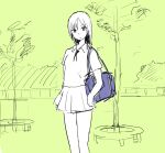  1girl bag bangs collared_shirt commentary_request day eyebrows_visible_through_hair flat_chest green_background highres long_hair looking_at_viewer miniskirt monochrome neck_ribbon original outdoors pleated_skirt ribbon sattou school_uniform shirt short_sleeves shoulder_bag sketch skirt solo standing tree 