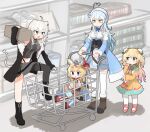  animal_ears blonde_hair blue_hair child elf fox_ears fox_girl full_body highres holofive hololive lion_ears lion_girl lion_tail momosuzu_nene omaru_polka pointy_ears shishiro_botan shopping shopping_cart silver_hair supermarket tail tonton_(tonz159) virtual_youtuber younger yukihana_lamy 