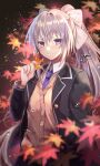  1girl autumn autumn_leaves bangs black_jacket blazer blue_neckwear blurry_foreground blush bow cardigan closed_mouth collared_shirt eyebrows_visible_through_hair floating_hair hair_between_eyes hair_bow hair_ornament hairclip high_ponytail highres higuchi_kaede holding holding_leaf jacket leaf long_hair long_sleeves looking_at_viewer maple_leaf necktie nijisanji nozomi_fuuten open_blazer open_clothes open_jacket school_uniform shiny shiny_hair shirt silver_hair smile solo standing very_long_hair violet_eyes virtual_youtuber white_bow white_shirt wing_collar 
