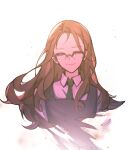 1girl brown_hair closed_eyes dissolving facing_viewer glasses green_neckwear highres hua_yao long_hair nagase_koito necktie school_uniform simple_background solo upper_body white_background wonder_egg_priority 