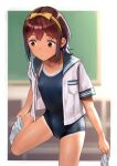  1girl bangs blurry brown_eyes brown_hair chalkboard depth_of_field hairband looking_down open_clothes open_shirt original parted_bangs removing_sock school_swimsuit school_uniform shiden_(sashimi_no_wife) short_hair short_sleeves sidelocks solo standing standing_on_one_leg swimsuit tan tanline white_legwear 