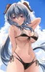  1girl arm_behind_back bikini black_bikini blue_hair breasts clouds cloudy_sky cobra_(cobra_63) cowboy_shot eyebrows_visible_through_hair front-tie_bikini front-tie_top ganyu_(genshin_impact) genshin_impact goat_horns hair_between_eyes highres horns large_breasts long_hair looking_at_viewer low_ponytail red_eyes side-tie_bikini sideboob sky smile solo standing swimsuit under_boob very_long_hair wet 