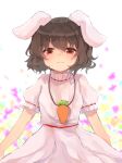  1girl abstract_background animal_ears arms_at_sides bangs blurry blurry_background brown_hair carrot_necklace cowboy_shot dress gradient gradient_background high_collar inaba_tewi light_smile looking_at_viewer nacoty pink_dress puffy_short_sleeves puffy_sleeves rabbit_ears red_eyes short_hair short_sleeves solo standing touhou 
