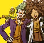  1girl 3boys :d akudama_drive bangs brawler_(akudama_drive) brown_eyes brown_hair closed_eyes commentary_request dangan_ronpa:_trigger_happy_havoc dangan_ronpa_(series) dark_skin dark-skinned_female glasses hagakure_yasuhiro hair_ornament hairlocs hoodlum_(akudama_drive) long_hair multiple_boys muscular muscular_female oogami_sakura open_mouth qosic round_eyewear scar school_uniform serafuku sitting smile upper_teeth white_hair 