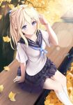  1girl 2020 absurdres ahoge autumn autumn_leaves bangs bench black_sailor_collar black_skirt blonde_hair blue_eyes blue_neckwear blush closed_mouth collarbone collared_shirt dated eyebrows_visible_through_hair hair_between_eyes hair_ornament hand_in_hair highres jiu_(pixiv36138474) kneehighs long_hair miniskirt original pleated_skirt sailor_collar sailor_shirt school_uniform serafuku shirt short_sleeves sitting skirt smile solo white_legwear white_shirt 