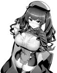  1girl azur_lane beret black_headwear bra bra_through_clothes breasts button_gap cape center_frills dress eyebrows_visible_through_hair framed_breasts frills from_above gloves greyscale hat highres hori_(hori_no_su) italian_flag large_breasts long_hair looking_at_viewer microdress monochrome pola_(azur_lane) skin_tight skindentation solo taut_clothes taut_dress thigh-highs twintails underwear white_background white_bra white_gloves zettai_ryouiki 