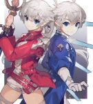  1boy 1girl akizone alisaie_leveilleur alphinaud_leveilleur back-to-back blue_eyes brother_and_sister elezen elf final_fantasy final_fantasy_xiv fingerless_gloves gloves highres jacket pointy_ears red_jacket red_mage sage_(final_fantasy) short_hair short_shorts shorts siblings silver_hair smile thigh-highs twins white_gloves 