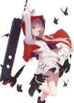 1girl absurdres arms_up bangs bare_legs blonde_hair boots bug butterfly cloak dress eyebrows highres holding holding_weapon hood hood_up hooded_cloak insect leg_up little_red_riding_hood little_red_riding_hood_(grimm) looking_at_viewer mikisai parted_lips red_cloak red_eyes standing standing_on_one_leg weapon 