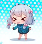  &gt;_&lt; 1girl :p blue_background blue_jacket blush born-to-die bow chibi commentary_request eromanga_sensei full_body gradient gradient_background hair_bow highres izumi_sagiri jacket long_hair long_sleeves pink_bow polka_dot polka_dot_background silver_hair solo tongue tongue_out 
