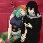  1boy 1girl aizawa_shouta bare_shoulders belt black_hair blush boku_no_hero_academia breasts closed_eyes controller dailykrumbs facial_hair fukukado_emi green_hair hat hetero highres holding_hands large_breasts leaning_on_person long_hair medium_hair official_style open_mouth pants phone saliva scarf sitting sleeping sleeping_upright smile stubble teeth white_belt zzz 