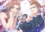  1girl 3boys aerith_gainsborough bouquet bow cloud_strife dress drill_hair final_fantasy final_fantasy_vii final_fantasy_xv flower formal gift glasses green_eyes happy_birthday hinoe_(dd_works) ignis_scientia looking_at_viewer multiple_boys necktie noctis_lucis_caelum petals pink_bow smile spiky_hair suit twin_drills 