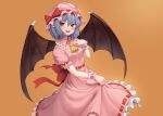  1girl :d absurdres ascot bangs bat_wings blue_hair bow brown_background brown_wings commentary_request dress eyebrows_behind_hair frilled_dress frills goback hair_between_eyes hand_up hat hat_bow highres looking_at_viewer mob_cap pink_dress pink_headwear pointy_ears puffy_short_sleeves puffy_sleeves red_bow red_eyes remilia_scarlet ribbon-trimmed_dress short_sleeves simple_background smile solo teeth touhou upper_teeth wings wrist_cuffs yellow_neckwear 