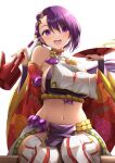  1girl :o bangs bare_shoulders blush breasts cup earrings eyebrows_visible_through_hair hair_between_eyes hair_ornament hands_up highres holding jewelry kamimusubi_(p&amp;d) kanaria_(kanari_as) large_breasts looking_at_viewer navel open_mouth puzzle_&amp;_dragons sakazuki short_hair sideboob simple_background sitting solo stomach upper_teeth violet_eyes white_background 