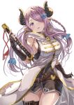  1girl absurdres belt black_gloves blush braid breasts draph fingerless_gloves gloves granblue_fantasy hair_ornament hair_over_one_eye hairclip highres horns large_breasts long_hair looking_at_viewer narmaya_(granblue_fantasy) one_eye_covered open_mouth parted_lips pink_hair pointy_ears sg_tacchi simple_background sleeveless solo sword thigh_strap vest violet_eyes weapon white_background white_vest 