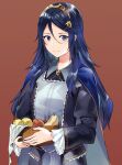  1girl alternate_costume ameno_(a_meno0) basket blue_eyes blue_hair brown_background fire_emblem fire_emblem_awakening food fruit hair_between_eyes hair_ornament hairpin long_hair looking_at_viewer lucina_(fire_emblem) simple_background smile solo symbol-shaped_pupils tiara 