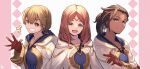  3girls alternate_hairstyle blonde_hair brown_hair closed_mouth dark_skin dark-skinned_female fire_emblem fire_emblem_heroes gloves hair_ornament highres hood hood_down kiran_(fire_emblem) looking_at_viewer multiple_girls nakabayashi_zun official_alternate_costume red_gloves smile teeth upper_body yellow_eyes 