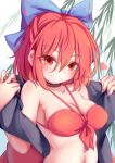  1girl absurdres bikini black_choker blue_bow bow breasts choker dior-zi eyebrows_visible_through_hair eyes_visible_through_hair hair_between_eyes hair_bow heart highres medium_breasts red_bikini red_eyes redhead sekibanki short_hair smile solo swimsuit touhou upper_body 