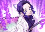  1girl black_hair blurry_foreground butterfly_hair_ornament closed_mouth flower gradient_hair hair_intakes hair_ornament haori jacket japanese_clothes kimetsu_no_yaiba kochou_shinobu looking_up maruko_11 multicolored_hair no_pupils purple_hair purple_jacket sheath sheathed short_hair smile solo sword upper_body violet_eyes weapon wisteria 