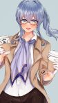  1girl absurdres bespectacled black-framed_eyewear blue_background blue_eyes blue_hair blush brown_coat buttons coat coffee_cup cup disposable_cup eyebrows_visible_through_hair glasses gloves gotland_(kantai_collection) hair_between_eyes half_gloves highres holding holding_cup kantai_collection long_hair long_sleeves miyako_(00727aomiyako) mole mole_under_eye open_clothes open_coat open_mouth shirt simple_background smile solo upper_body white_gloves white_shirt 