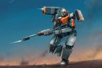  gun highres holding holding_gun holding_weapon ksenolog mecha missile_pod original radio_antenna running science_fiction shoulder_cannon sky smoke solo visor weapon 