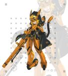  1girl absurdres armor belt belt_pouch blonde_hair cable cloak forehead_protector full_body gun highres hood hooded_cloak jinyu_lao_honglingjin looking_at_viewer mecha_musume mechanical_tail original pouch rifle solo standing tail upper_teeth weapon wheel white_background yellow_eyes 
