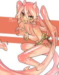  1girl :d akira_(meltyhip) bracelet claw_pose colored_sclera colored_skin hair_between_eyes horns jewelry looking_at_viewer monster_girl open_mouth original pink_horns pink_sclera pink_skin sarong setsubun signature slime_girl slit_pupils smile solo tentacles topless yellow_eyes 