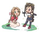  2girls aerith_gainsborough arm_guards bangs black_hair black_skirt boots bow braid braided_ponytail bright_pupils brown_footwear brown_hair chibi dress elbow_gloves elbow_pads eyebrows_visible_through_hair final_fantasy final_fantasy_vii fingerless_gloves gloves green_eyes hands_on_lap head_wreath jacket long_dress long_hair looking_at_another low-tied_long_hair midriff miniskirt multiple_girls navel open_mouth outstretched_arms pencil_skirt pink_bow pink_dress pleated_skirt puffy_short_sleeves puffy_sleeves red_footwear red_jacket ribbon shoelaces short_sleeves single_braid sitting skirt smile suspender_skirt suspenders tank_top thigh-highs tifa_lockhart tsubobot wariza white_pupils white_tank_top 