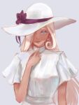  1girl blonde_hair blue_eyes bow dark_skin earrings grey_background hair_over_one_eye hand_up hat hat_bow jewelry long_sleeves looking_at_viewer original sayuumigi short_sleeves sketch solo thick_eyebrows upper_body white_headwear 