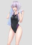  1girl black_swimsuit breasts competition_swimsuit contrapposto cowboy_shot goggles goggles_around_neck grey_background highleg highleg_swimsuit highres nib_pen_(medium) one-piece_swimsuit purple_hair short_hair_with_long_locks simple_background small_breasts smile solo standing swimsuit towel traditional_media violet_eyes vocaloid voiceroid white_towel yuzuki_yukari zooanime 