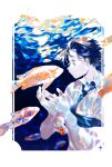  1boy black_hair black_neckwear caustics collared_shirt fish fishnets floating_necktie hands_up highres necktie original profile shirt short_hair short_sleeves solo ssbaby underwater upper_body white_shirt 