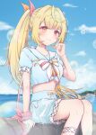  1girl :3 absurdres ahoge back_bow bangs beach blonde_hair blunt_bangs blush bow breasts closed_mouth clouds collarbone eyebrows_visible_through_hair hair_ornament hair_ribbon hand_to_own_mouth hand_up heterochromia highres hoshikawa_sara large_breasts long_hair looking_at_viewer midriff nijisanji ocean red_eyes ribbon shirt side_ponytail sitting sky smile solo virtual_youtuber water white_bow wrist_cuffs x_hair_ornament yellow_eyes zky_(oekaky) 