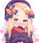  1girl abigail_williams_(fate) bangs black_bow black_dress black_headwear blonde_hair blue_eyes blush bow box brown_ribbon commentary_request covering_mouth dress eyebrows_visible_through_hair eyes_visible_through_hair fate/grand_order fate_(series) gift gift_box hair_bow hands_up hat heart heart-shaped_box heart_background holding holding_gift long_hair long_sleeves looking_at_viewer nose_blush orange_bow parted_bangs photoshop_(medium) polka_dot polka_dot_bow revision ribbon rioshi shiny shiny_hair sidelocks sleeves_past_fingers sleeves_past_wrists solo straight_hair upper_body valentine white_background 