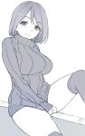  1girl breasts deyuuku eyebrows_visible_through_hair large_breasts looking_at_viewer monochrome original short_hair simple_background sitting sleeves_past_wrists smile solo sweater thigh-highs thighs white_background 