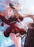  1girl bag bangs blue_archive building clouds dress from_below grey_hair gun hair_ornament halo highres holding holding_bag holding_gun holding_weapon long_hair mutsuki_(blue_archive) ohihil open_mouth outdoors ponytail short_sleeves side_ponytail sky solo thigh_strap very_long_hair violet_eyes weapon 