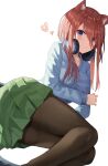  1girl absurdres animal_ears bangs black_legwear blue_eyes blue_shirt blush cat_ears eyebrows_visible_through_hair go-toubun_no_hanayome green_skirt hair_between_eyes headphones headphones_around_neck highres k.j. long_hair looking_at_viewer lying nakano_miku on_side pantyhose redhead shirt skirt white_background 