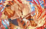  arcanine brown_eyes clouds commentary_request day fangs gen_1_pokemon highres leaves_in_wind no_humans open_mouth outdoors paws pokemon pokemon_(creature) sky solo tapioka_chaso toes tongue 