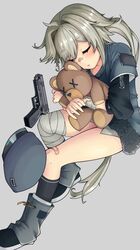  1girl bandages bandaid bandaid_on_knee bandaid_on_nose blush girls_frontline grey_hair gun handgun hat hat_removed headwear_removed highres hs2000 hs2000_(girls_frontline) long_hair nakiusagi sleeping solo stuffed_animal stuffed_toy teddy_bear very_long_hair weapon 