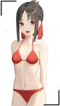  1girl :d absurdres arms_behind_back bangs bare_arms bare_shoulders bikini blush breasts brown_hair collarbone commentary_request cowboy_shot eyebrows_visible_through_hair hair_ribbon halter_top halterneck highres kaguya-sama_wa_kokurasetai_~tensai-tachi_no_renai_zunousen~ looking_at_viewer merrick navel open_mouth parted_bangs red_bikini red_eyes red_ribbon ribbon shinomiya_kaguya shiny shiny_hair short_hair sidelocks simple_background small_breasts smile solo standing stomach swimsuit swimwear upper_teeth white_background 