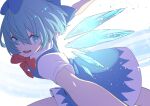 1girl :d absurdres backlighting blue_dress blue_eyes blue_hair bow bowtie cirno dress eyebrows_visible_through_hair feet_out_of_frame foreshortening from_side hair_between_eyes highres ice ice_wings kawayabug light_particles looking_to_the_side open_mouth outstretched_arms pinafore_dress puffy_short_sleeves puffy_sleeves red_bow red_neckwear shirt short_hair short_sleeves smile solo sparkle touhou upper_body white_background white_shirt wings 