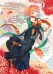  1girl :d abstract_background ankle_boots aqua_hair bangs black_hakama blush boots brown_footwear curcumin eyebrows_visible_through_hair floral_print from_behind full_body gradient_hair hakama haori highres hip_vent hololive hololive_english japanese_clothes kimono long_hair long_sleeves looking_at_viewer looking_to_the_side multicolored multicolored_background multicolored_hair open_clothes open_mouth orange_hair orange_kimono print_kimono smile solo takanashi_kiara twitter_username violet_eyes virtual_youtuber wide_sleeves 