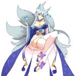  1girl animal_ear_fluff animal_ears azur_lane bangs bare_shoulders bell breasts bug butterfly commentary fox_ears fox_girl fox_tail full_body grey_hair hand_on_own_chest huge_breasts insect japanese_clothes jingle_bell long_hair looking_at_viewer multiple_tails off-shoulder_kimono parted_lips pleated_skirt rtil shinano_(azur_lane) simple_background skirt skirt_under_kimono solo tail thigh-highs very_long_hair white_background white_legwear white_skirt wide_sleeves 