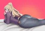  1girl altronage ass blonde_hair blush braid breasts closed_mouth colored_skin commission eyebrows eyebrows_visible_through_hair eyelashes grey_skin hair_between_eyes highres huge_ass huge_breasts large_breasts long_hair long_sleeves looking_at_viewer looking_back lying monster_girl monster_girl_encyclopedia on_stomach pants pink_eyes ponytail shadow smile solo sweater wight_(monster_girl_encyclopedia) 