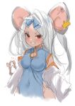  1girl absurdres animal animal_ears blue_archive blue_bow blue_dress bow breasts china_dress chinese_clothes covered_navel detached_sleeves dress ear_tag grey_hair grin hair_bow highres long_hair maria_(syake-uni) medium_breasts mouse mouse_ears red_eyes saya_(blue_archive) short_eyebrows simple_background sketch smile solo upper_body white_background 