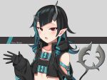  1girl :o belt black_gloves black_hair black_jacket blue_hair character_name demon_horns flat_chest gloves horns jacket kisaragi_hina long_hair long_sleeves looking_at_viewer multicolored_hair open_clothes pointy_ears red_eyes shishio_chris simple_background solo sugar_lyric tail two-tone_hair upper_body virtual_youtuber zipper 